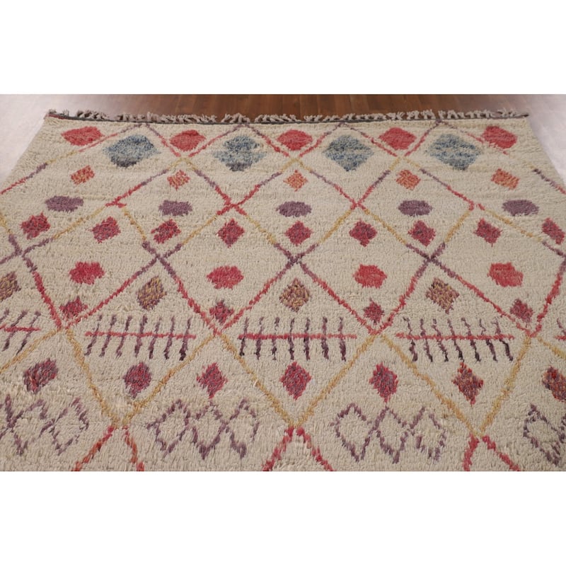 Tribal Moroccan Area Rug Handmade Beige Wool Carpet - 7'0" x 10'4"