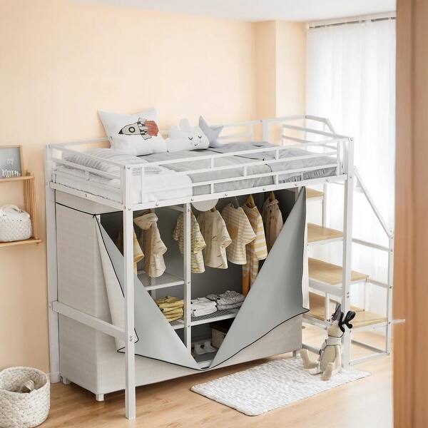 slide 2 of 12, Twin Size Metal Loft Bed with Wardrobe and Storage Shelves, White White