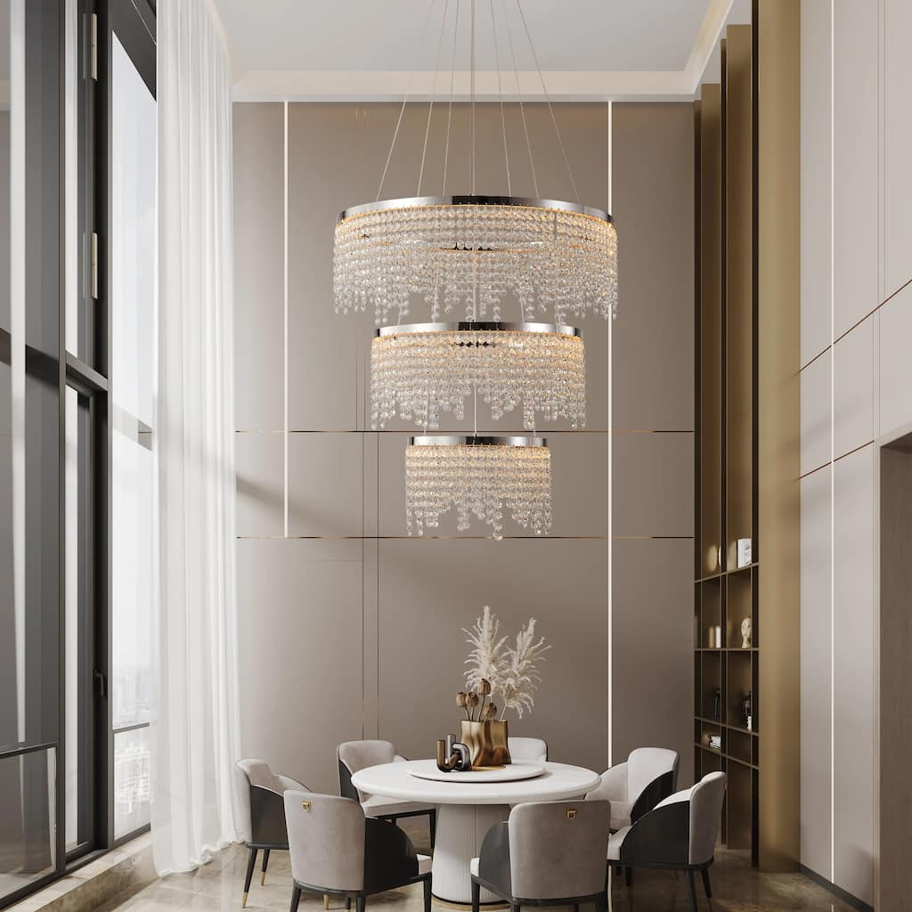 24-inch Crystal Chandelier LED Ceiling Lamp, Adjustable Color Temperature 3000K/4000K/6000K, Height Adjustable - Chrome