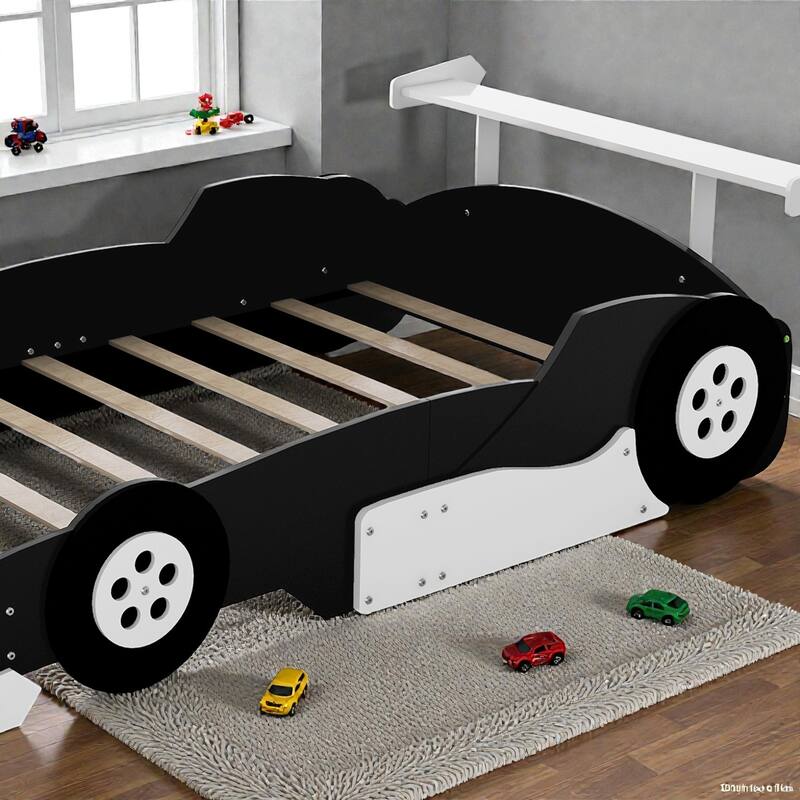Race Car Platform Bed with Wheels, Kids Car-Shaped Bed Frame with Safety Rails