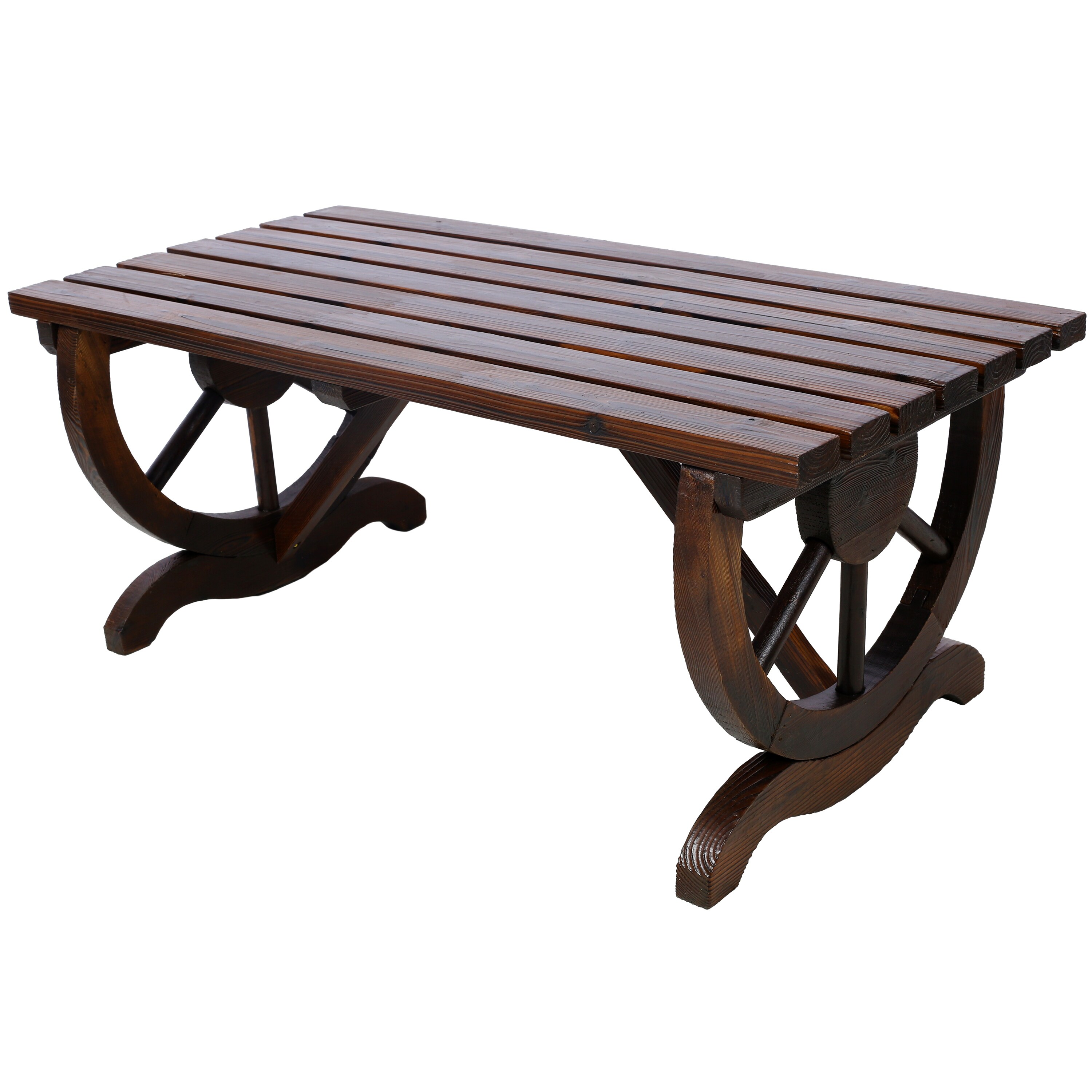 Outdoor Rustic Wooden Bench With Wagon Wheel Legs For Garden And Patio