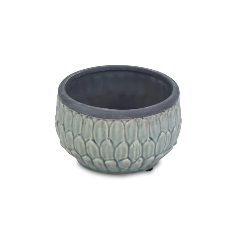 Blue Ceramic Round Pot with an Overlapping Leaf Pattern