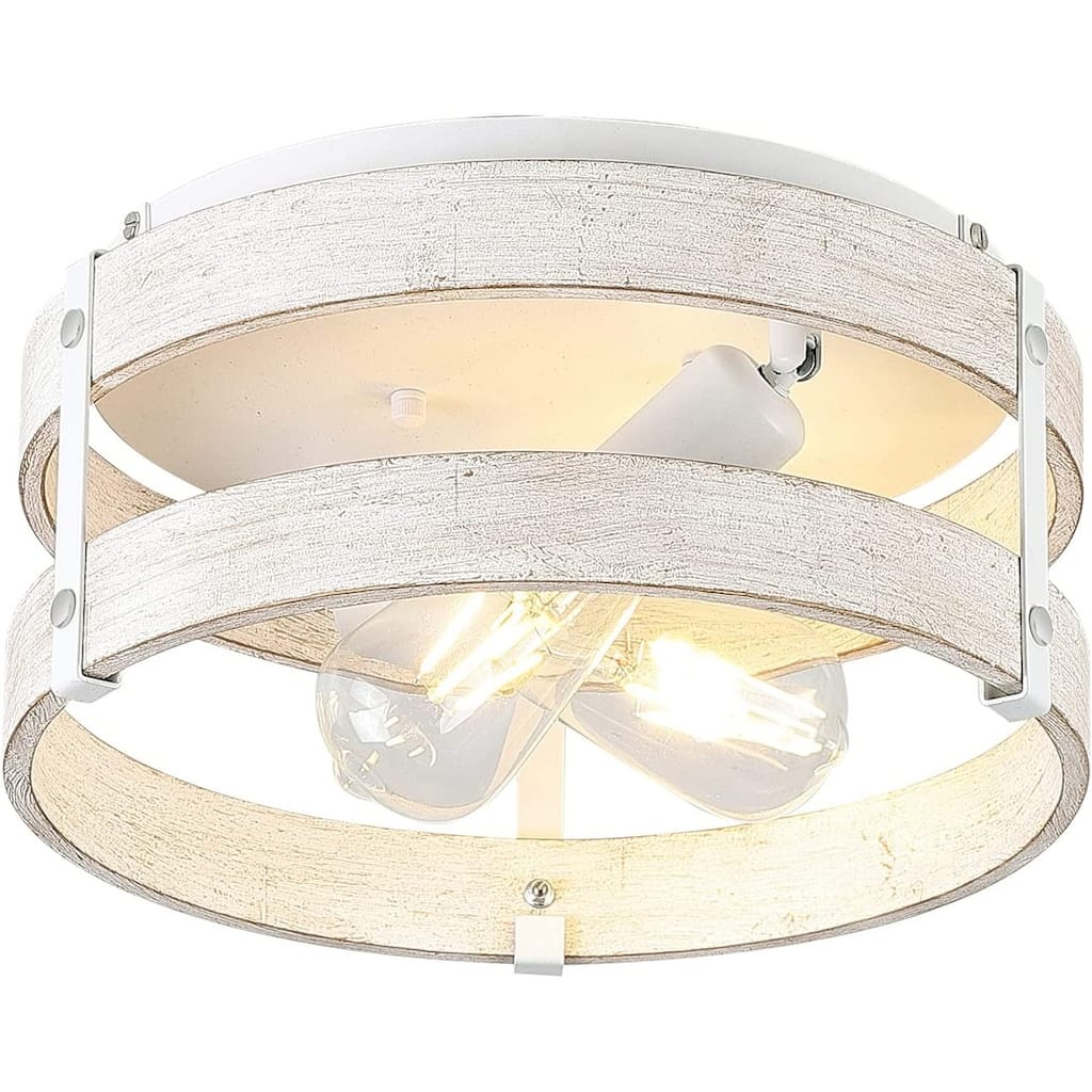 White flush mount ceiling light fixture 2 light wood drum ceiling lamp