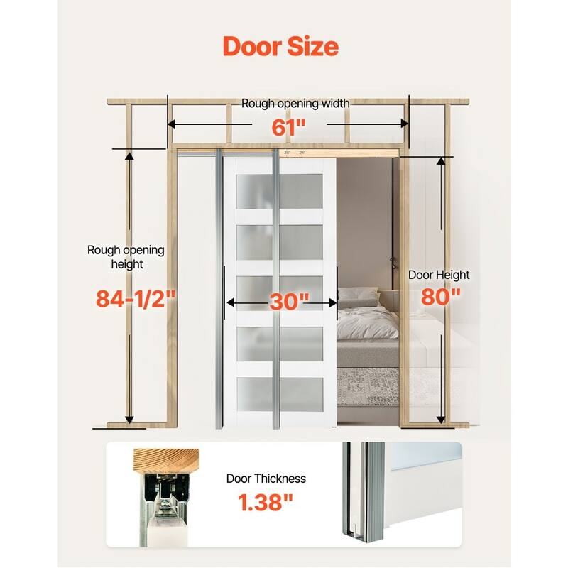 White Wood MDF Sliding Pocket Door with Frosted Glass Panels