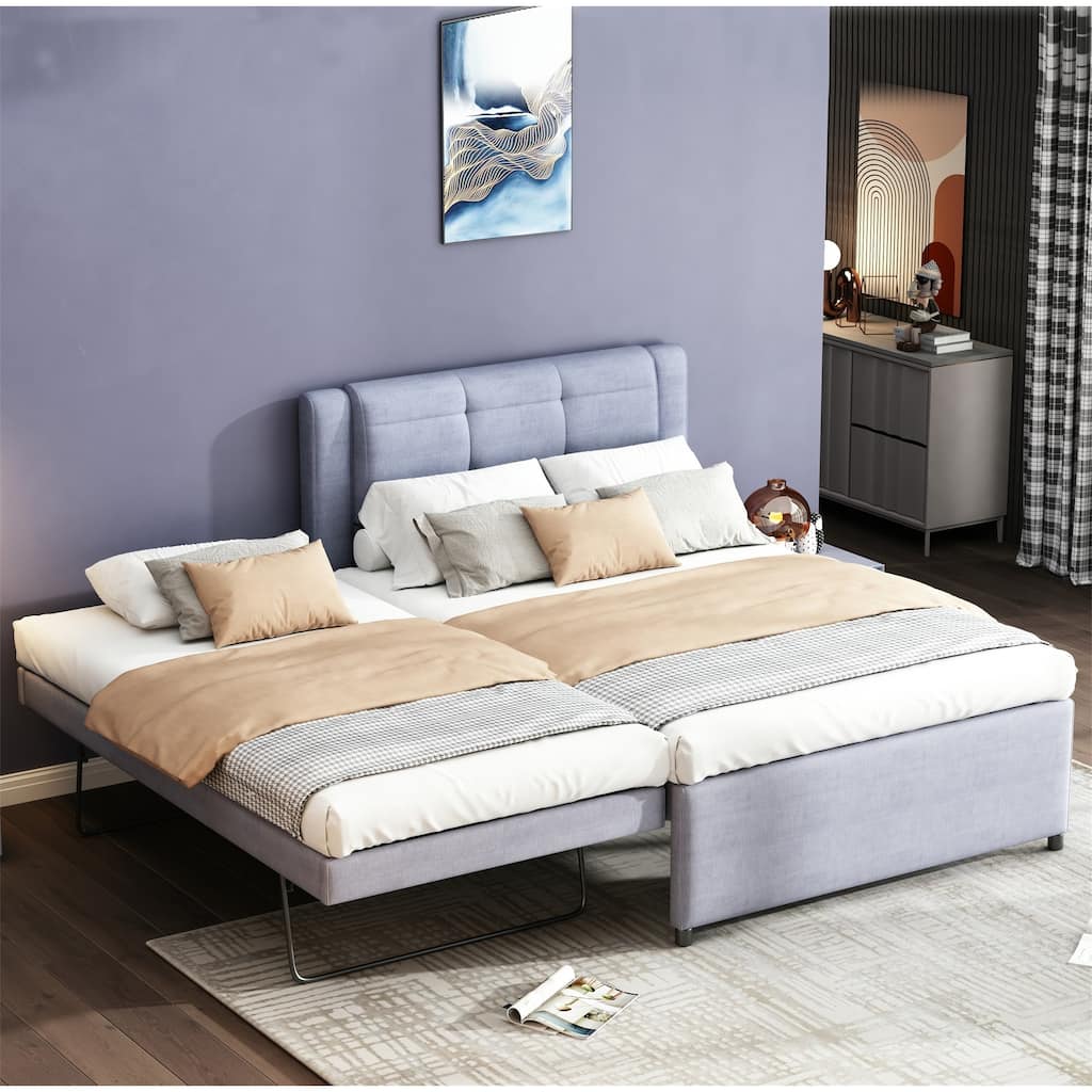 Full Size Upholstered Platform Bed with Adjustable Trundle, Gray