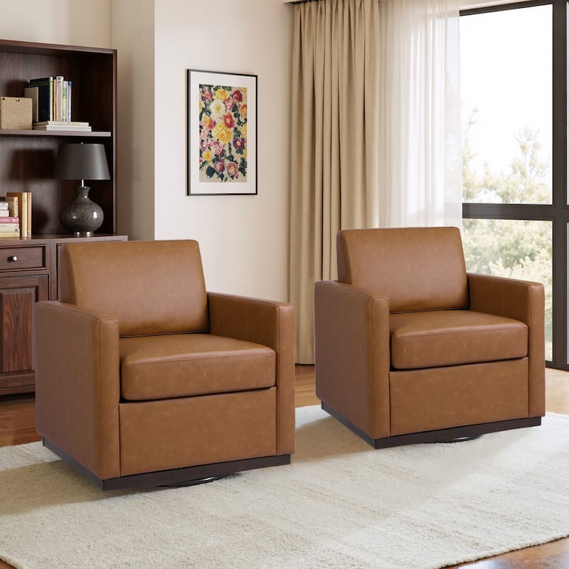 Set of 2 Modern Cozy Swivel Accent Chairs Upholstered Arm Chairs - Leather - Brown