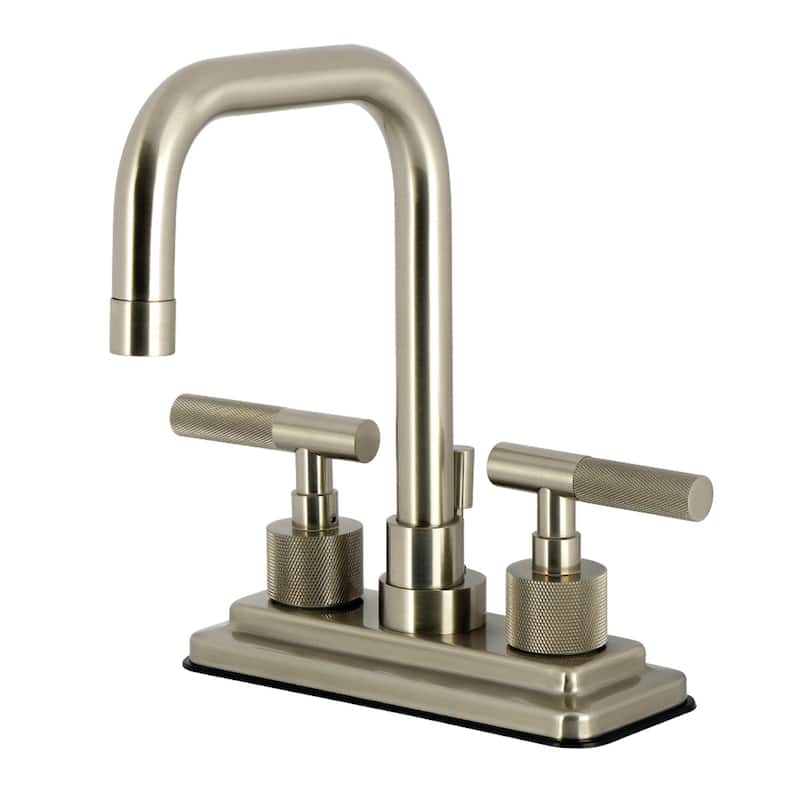 Kingston Brass Convergent Two-Handle 3-Hole Deck Mount 4" Centerset Bathroom Faucet with Knurled Handle and Brass Pop-Up Drain - Brushed Nickel
