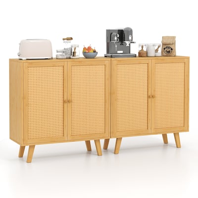 Gymax 2PCS Bamboo Buffet Cabinet w/ PE Rattan Doors Freestanding