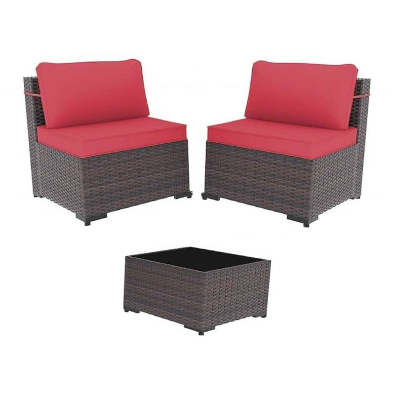 Outdoor Rattan Sectional Sofa Set, Patio Furniture Conversation Set with Fire Pit Table - Set A - Red