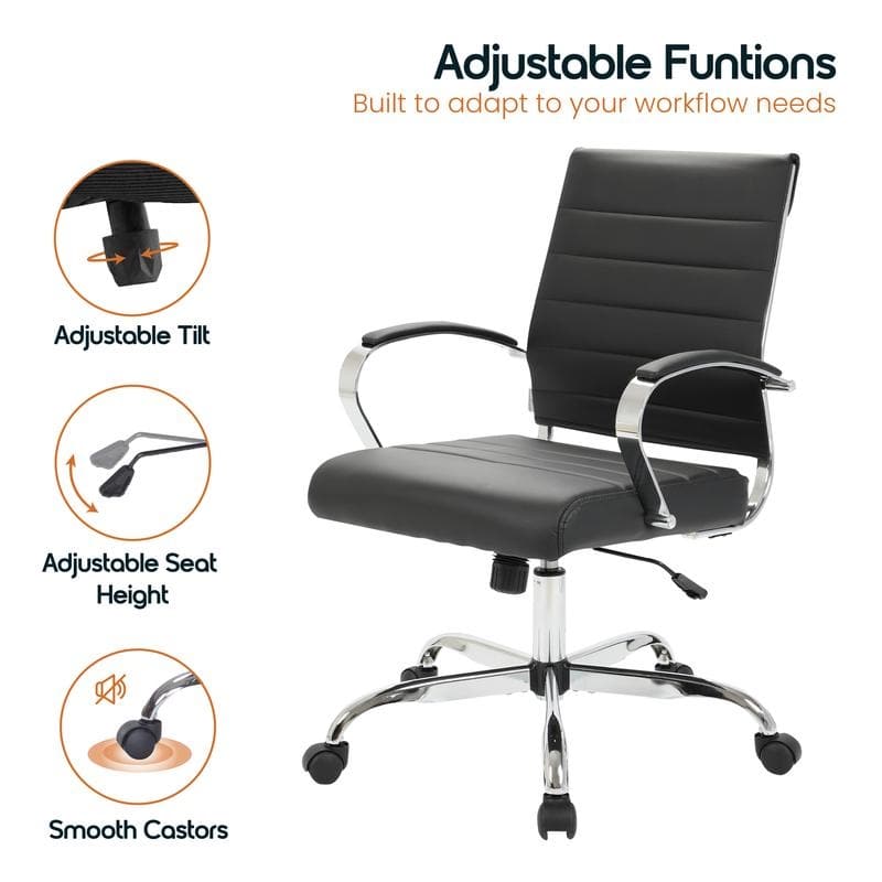 Benmar Modern Leather Ribbed Executive Office Chair with Chrome Frame, Adjustable Height, 360° Swivel, and Rolling Casters
