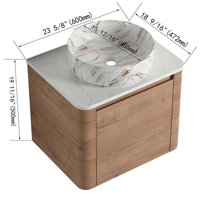 24'' Wall-Mounted Bathroom Vanity With Ceramic Art Sink & 1-Soft-Close Door,KD-Packing, Plywood