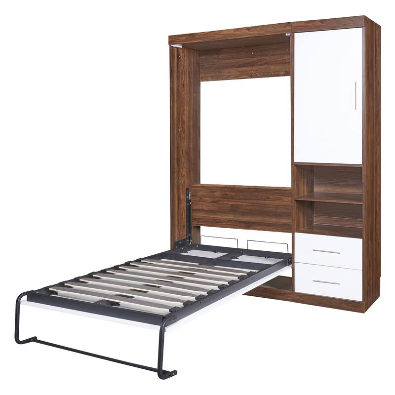 Industrial Style Wooden Murphy Bed with Metal Bed Frame, Space-Saving Design Wall Bed with All-in-One Cabinet & Shelf & 2 Drawer