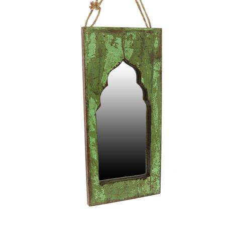 Salvaged Wooden Taj Window Frame Mirror with Hanging Rope, Green