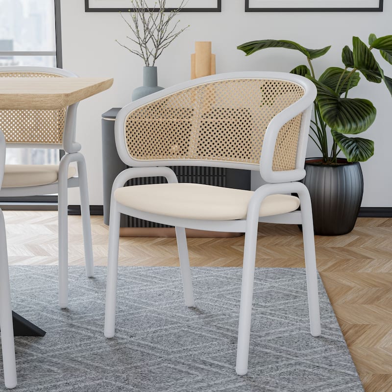 LeisureMod Set of 2 Minimalist Leather Dining Chairs with Wicker Back in Steel Frame - Side Chair for Home Office & Kitchen