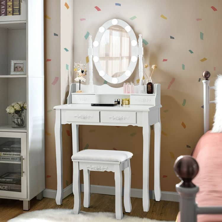 Makeup Dressing Table with Touch Switch Lighted Mirror and Cushioned Stool - 29.5"(L) x 16"(W) x 57"(H)