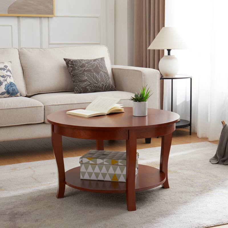Traditional Round Coffee Table Wooden Centerpiece Table with Open Storage Shelves, for Living Room Bedroom Apartment Studio - Beige