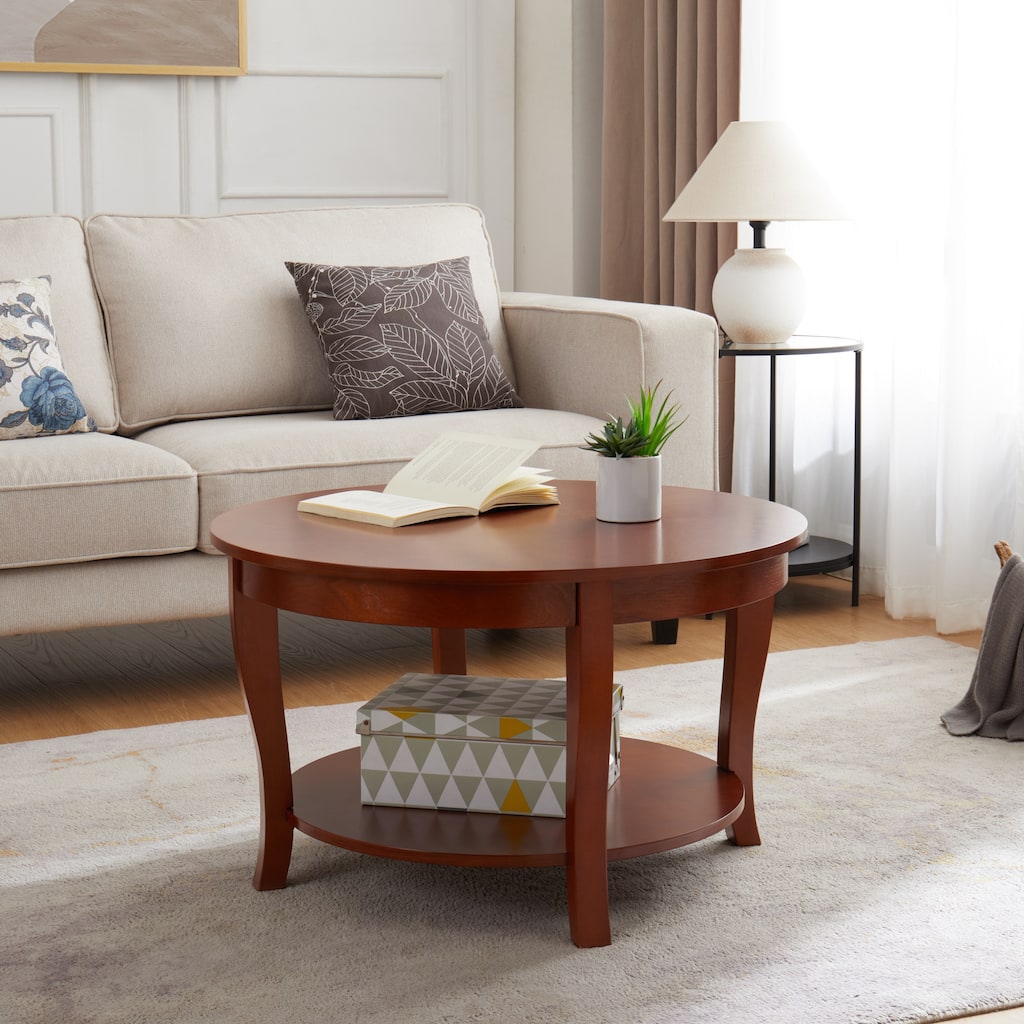 Traditional Round Coffee Table Wooden Centerpiece Table with Open Storage Shelves, for Living Room Bedroom Apartment Studio