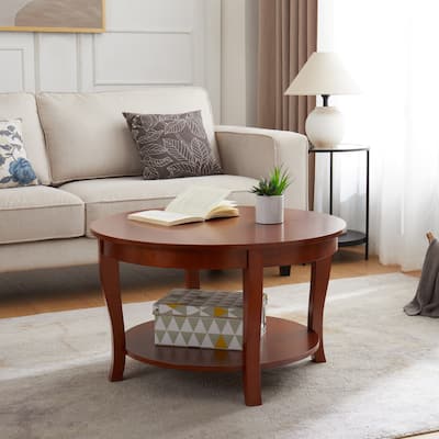 Traditional Round Coffee Table with Open Storage Shelf,2-Tier Storage Wood Center Circle Accent Table for Living Room