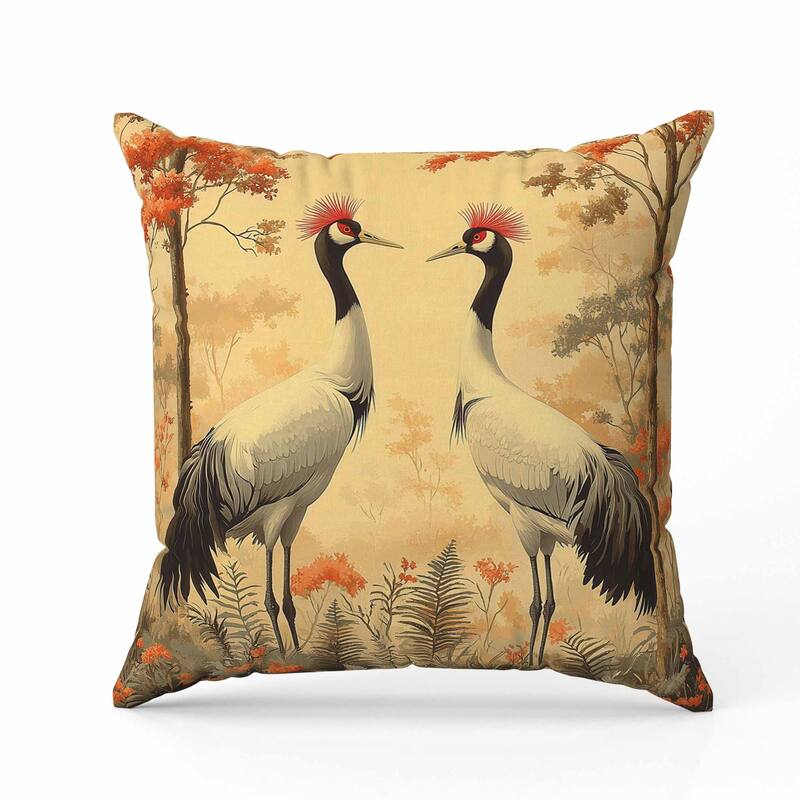 Autumnal Cranes Indoor/Outdoor Reversible Throw Pillow Beige and Gray