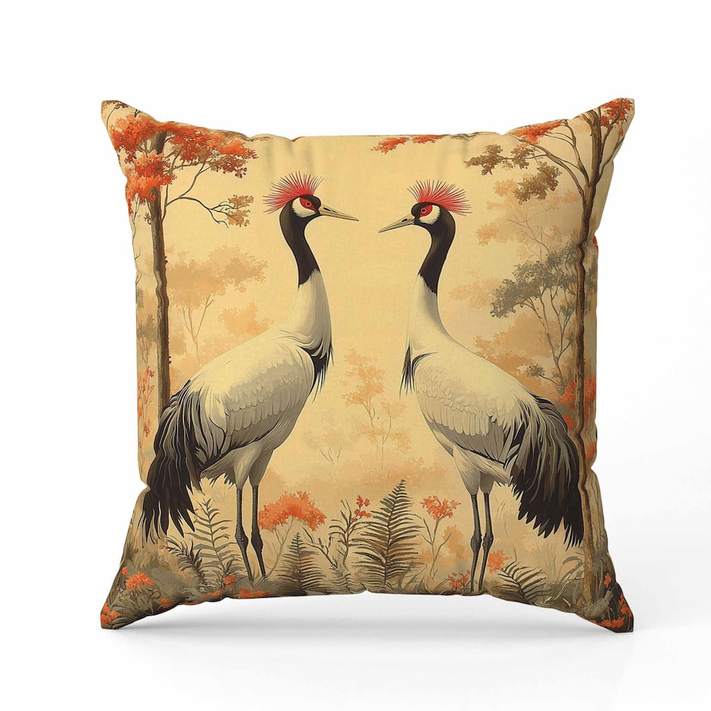 Autumnal Cranes Indoor/Outdoor Reversible Throw Pillow Beige and Gray