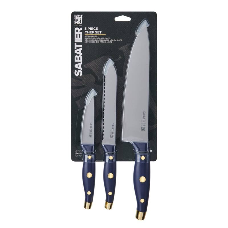 Sabatier 3 Piece Chef Set - 8" Chef, 5.5" Serrated Utility, 3.5" Paring - Navy & Gold - 8" Chef, 5.5" Serrated Utility, 3.5" Paring
