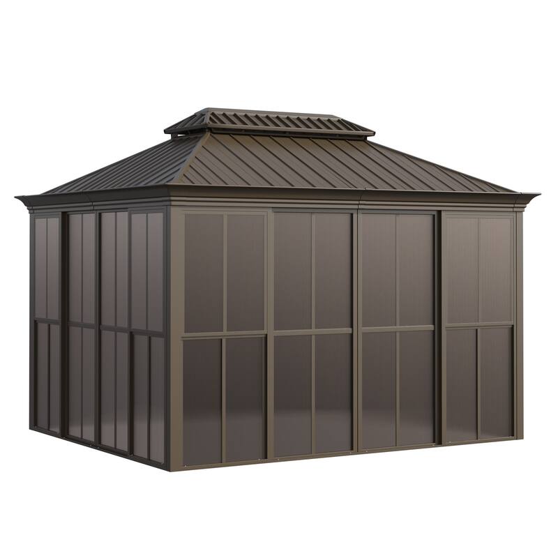 Hardtop Gazebo with Double Steel Roof, Sliding/Lockable Doors & Screens - All-Season Rustproof Aluminum Frame，Advanced Drainage