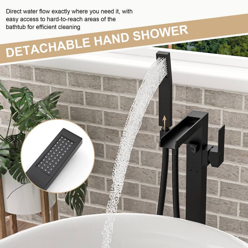 Freestanding Bathtub Faucet Waterfall Tub Filler Brushed Nickel Floor Mount Brass Bathroom Faucets with Hand Shower