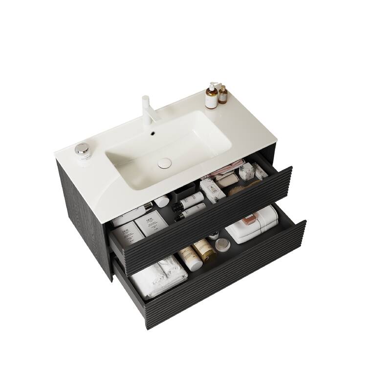 Minimalist Wall Floating Bathroom Vanity Horizontal Stripe Storage Cabinet with Integrated Sink and 2 Soft Close Drawers