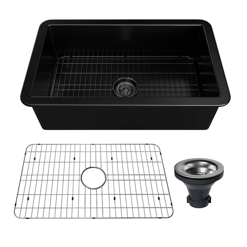 CASAINC Undermount Single Bowl Fireclay Kitchen Sink with Bottom Grid and Strainer, cUPC Certified