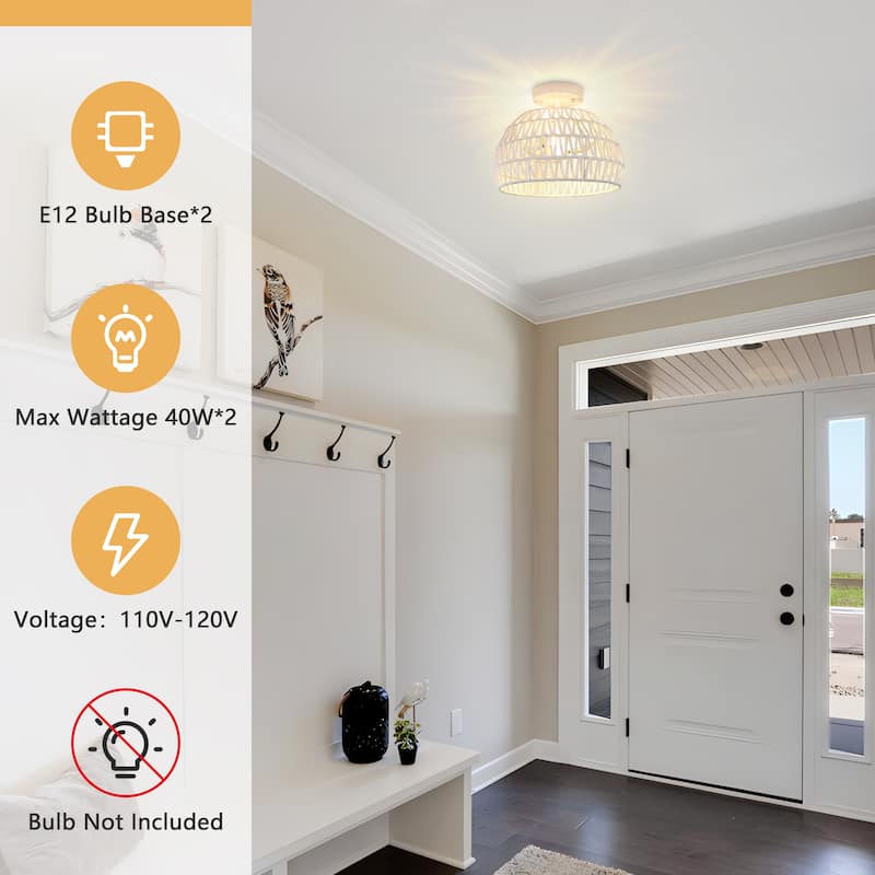 Semi Flush Mount Rattan Light Fixture Woven Ceiling Light Fixture