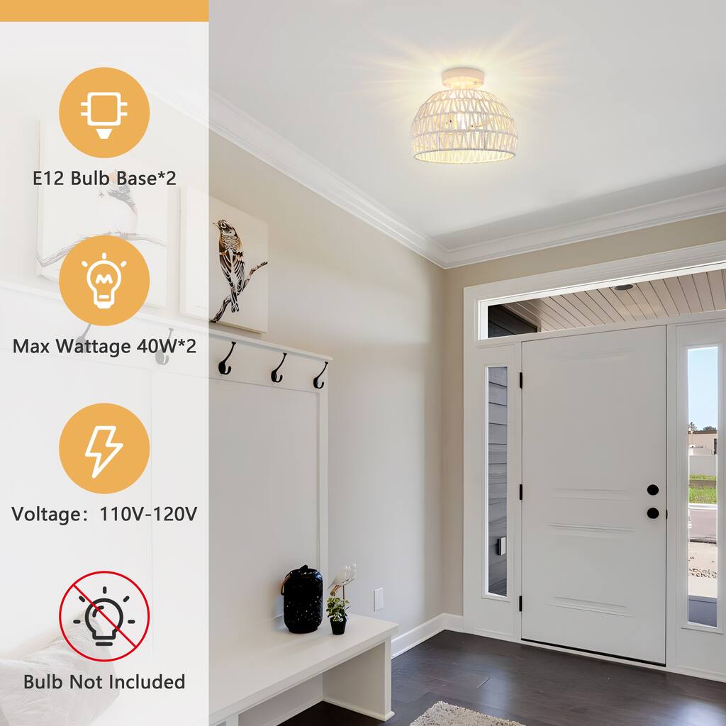 Semi Flush Mount Rattan Light Fixture Woven Ceiling Light Fixture