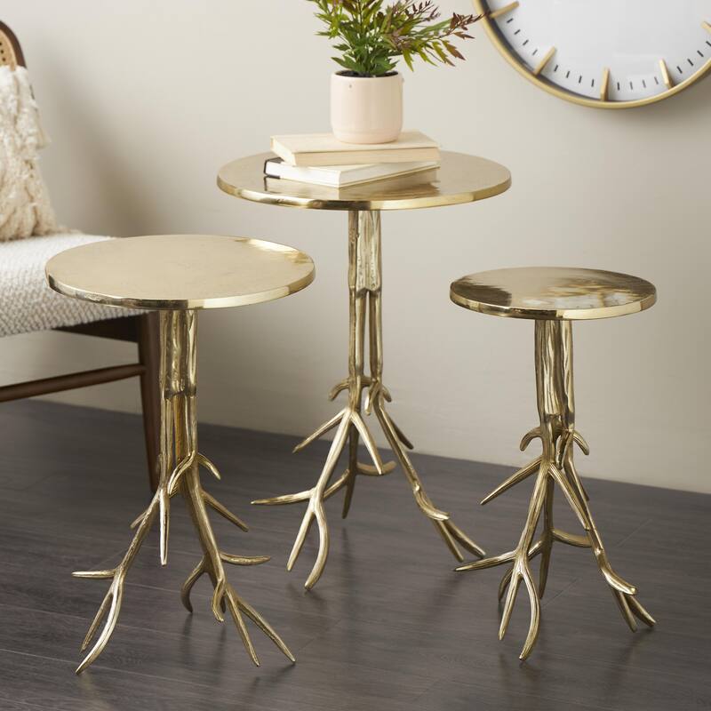 Gold or Silver Aluminum Metal Tree Side End Accent Table with Branch Inspired Bases (Set of 3)