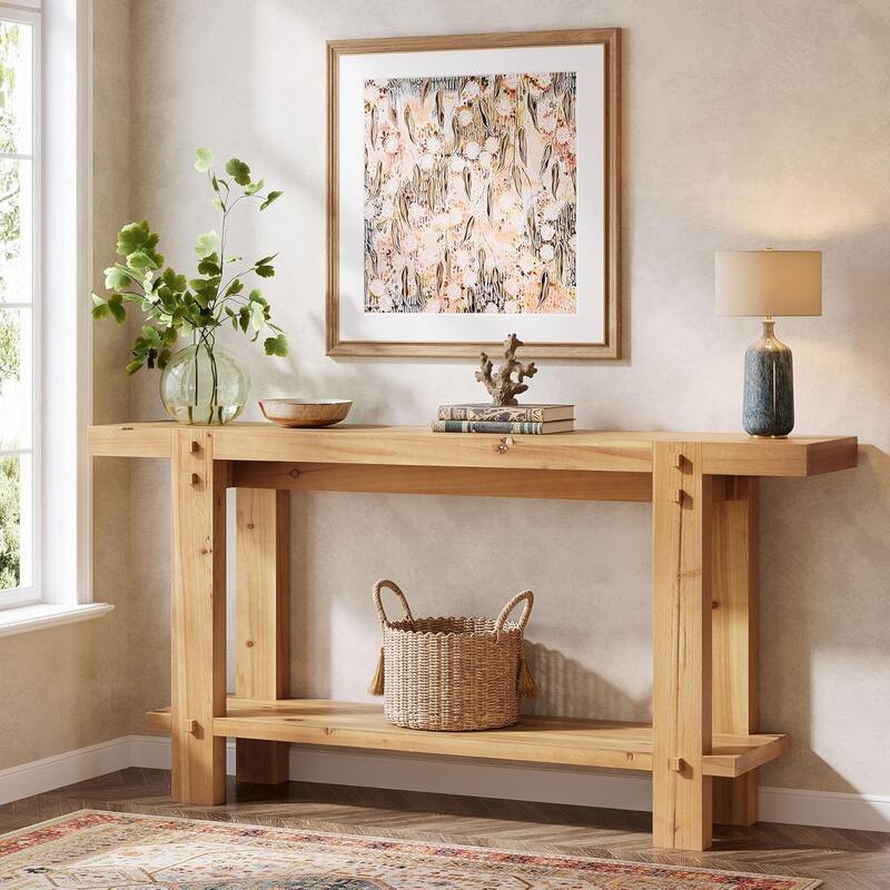 63" Long Farmhouse 2-Tier Solid Wood Console Table for Entryway, Living Room, Hallway, Easy Assembly