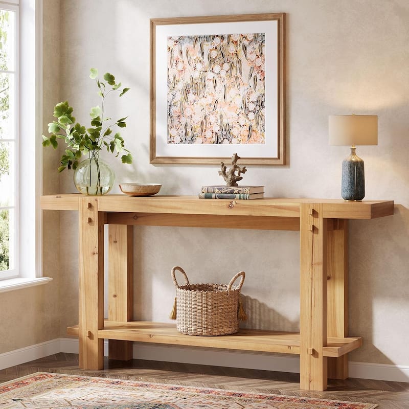 63" Solid Wood Farmhouse 2-Tier Console Table Entryway Sofa Table - 63" W x 11.8" D x 31.5" H