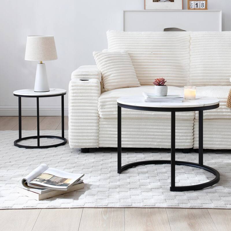 Modern Nesting Tables - Black Marble Round Set, Industrial Style