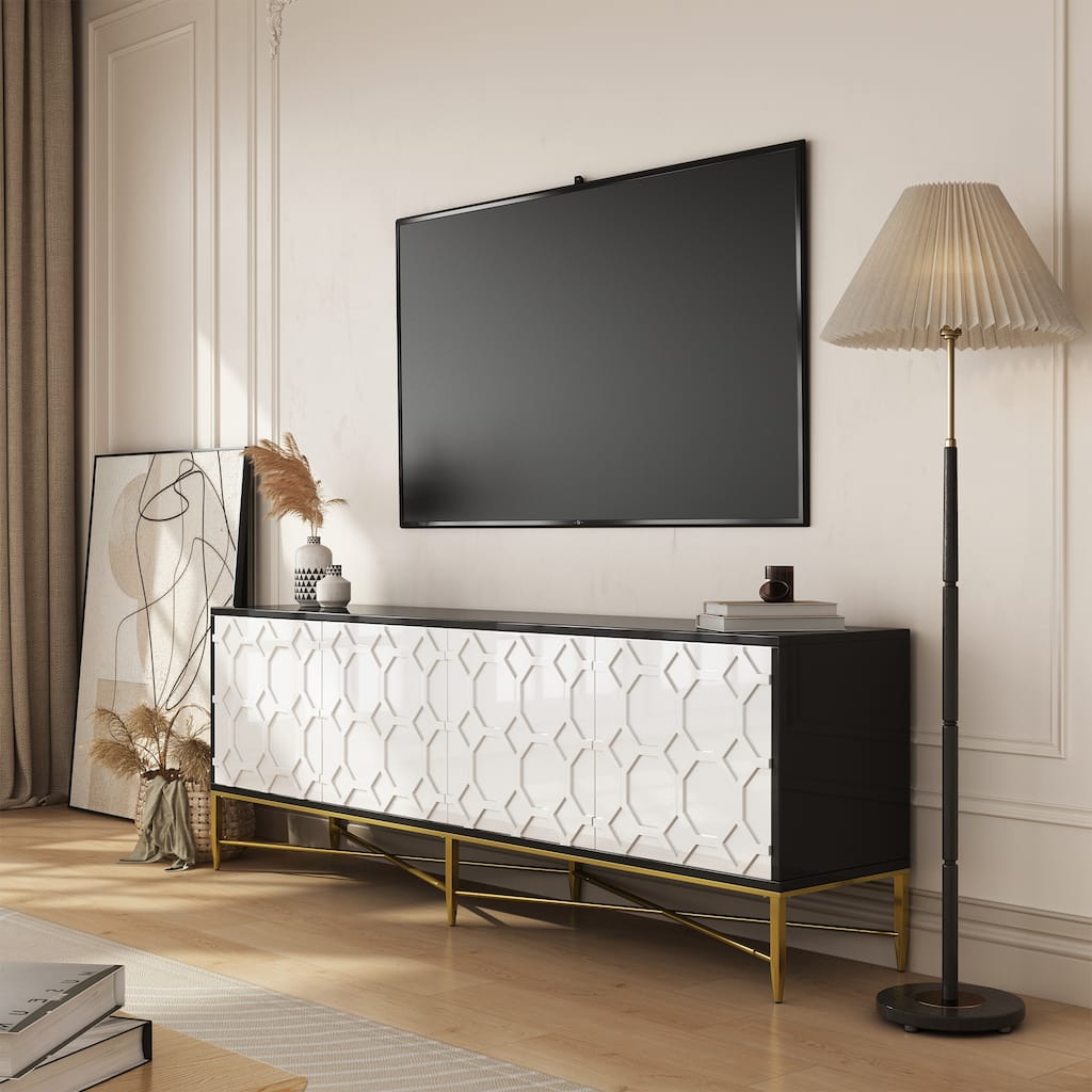 Modern TV Stand with Four Doors, Media Storage Console with Adjustable Foot Pegs, Entertainment Center with Metal Legs