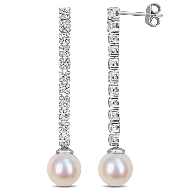 Miadora Cultured Freshwater Pearl 2 5/8ct Created White Sapphire Drop Earrings in Sterling Silver