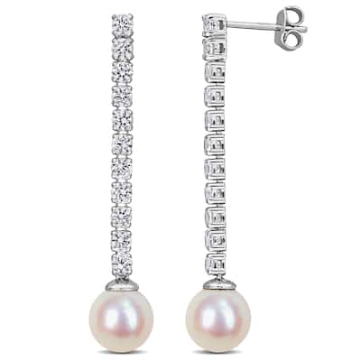Miadora Cultured Freshwater Pearl 2 5/8ct Created White Sapphire Drop Earrings in Sterling Silver