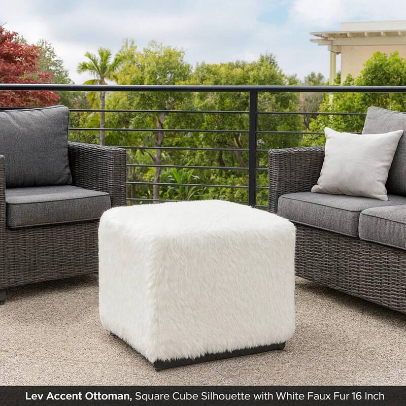 Lev Accent Ottoman, Square Cube SIlhouette with White Faux Fur 16 Inch