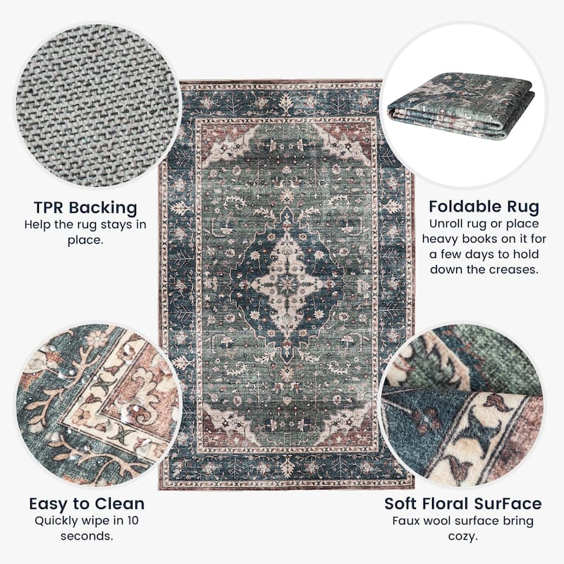 Glitzhome Machine Washable Boho Floral Medallion Area Rugs 5' x 8'