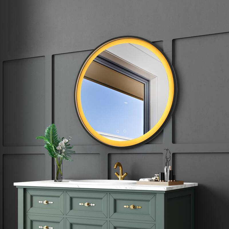 Large LED Bathroom Vanity Wall Mirror Dimmable Touch Sensor Anti-fog - Black/Gold - 36'' H x 36'' W x 1.65" D
