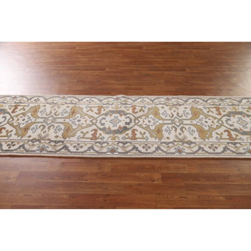 All-Over Ivory Oushak Indian Runner Rug Hand-knotted Wool Carpet - 2'6"x 10'2"