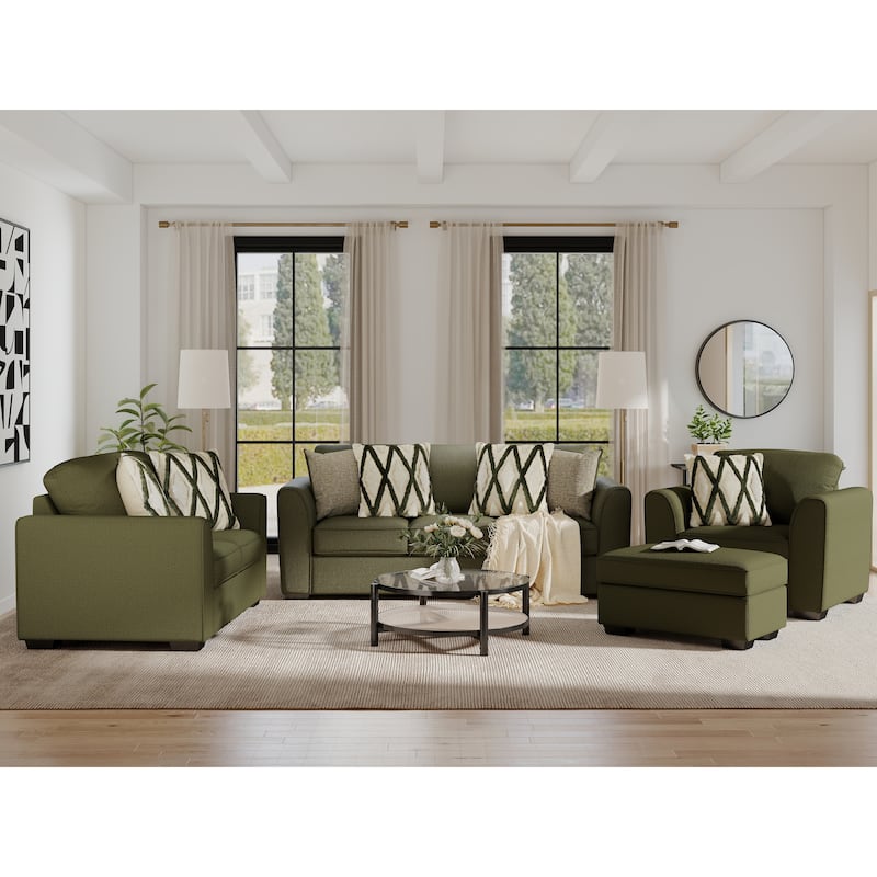 Roundhill Furniture Marvella 4-Piece Living Room Set, Sofa, Loveseat, Chair, and Ottoman with Mosswood Chenille Upholstery