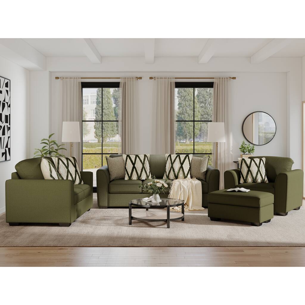 Roundhill Furniture Marvella 4-Piece Living Room Set, Sofa, Loveseat, Chair, and Ottoman with Mosswood Chenille Upholstery