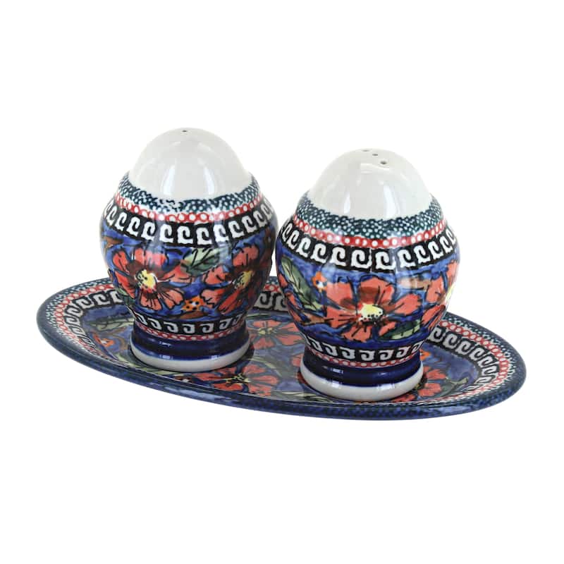 Blue Rose Polish Pottery 1282 Zaklady Salt & Pepper Shakers with Plate - Jungle Flower