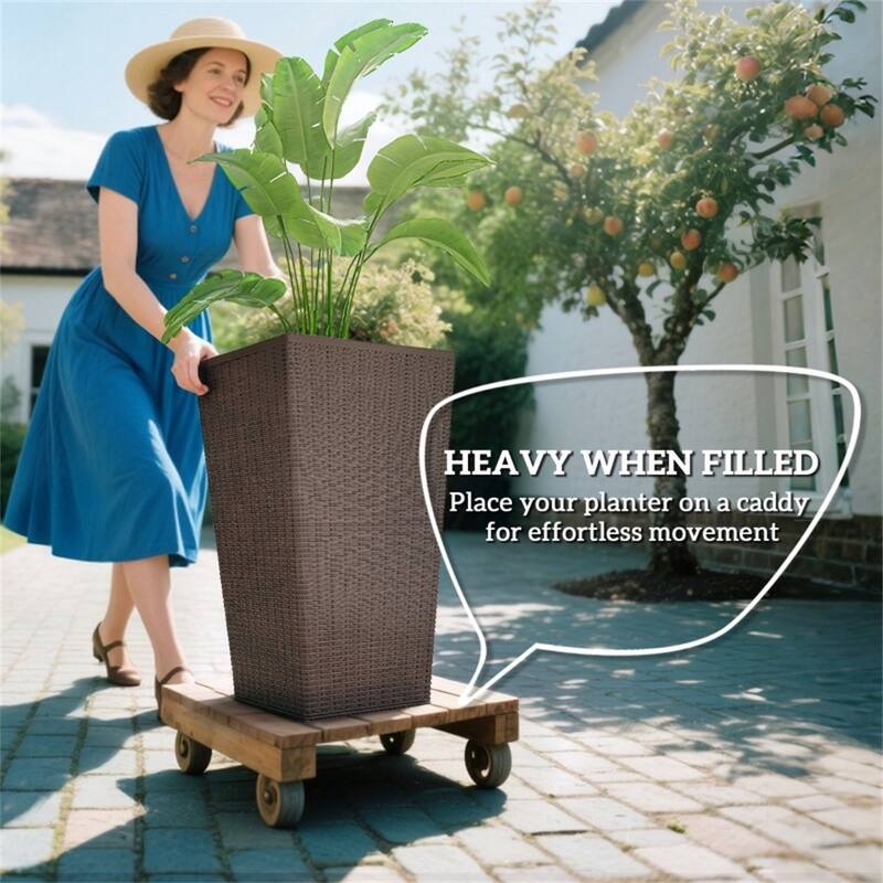 3-Piece Garden Pot Set with Drainage Hole and Rattan Design - 14.25" L x 14.25" W x 24" H