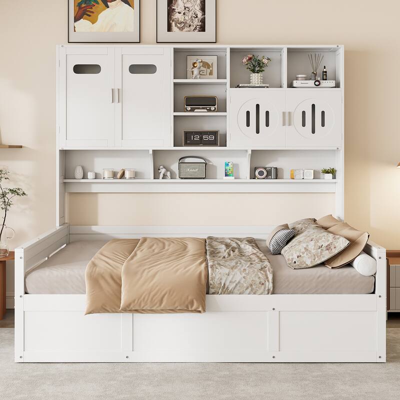 Wooden Daybed Storage Platform Bed with All-in-One Cabinet and Shelf, 10 Slats Multi-Functional Space-Optimizing Bed Frame