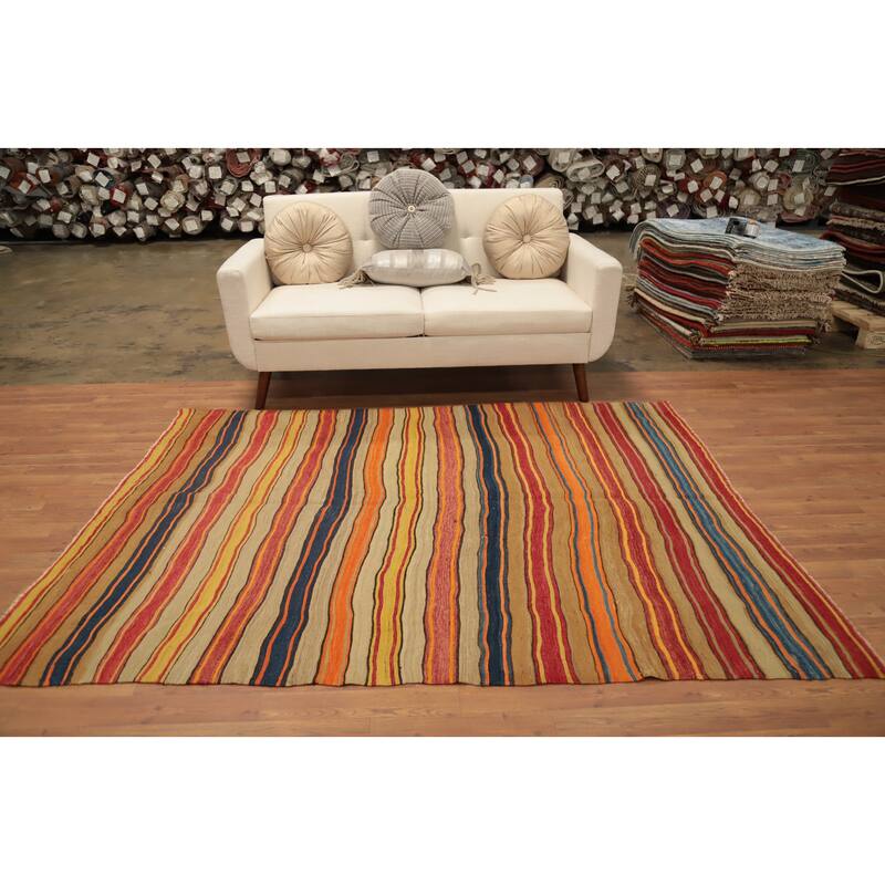 Hand Woven Oriental 100% Wool Carpet Southwestern Tribal Multi-Colored Kilim Area Rug - 7' 1'' X 5' 5''