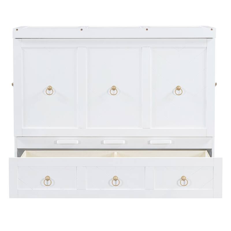 Space-Saving Full Murphy Bed with USB Port, Power Outlets & Large Drawer - Convertible Cabinet Design