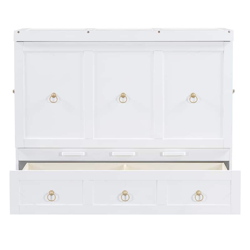 White Full Size Space-Saving Design Murphy Bed with USB Port and Large Drawer for Bedroom